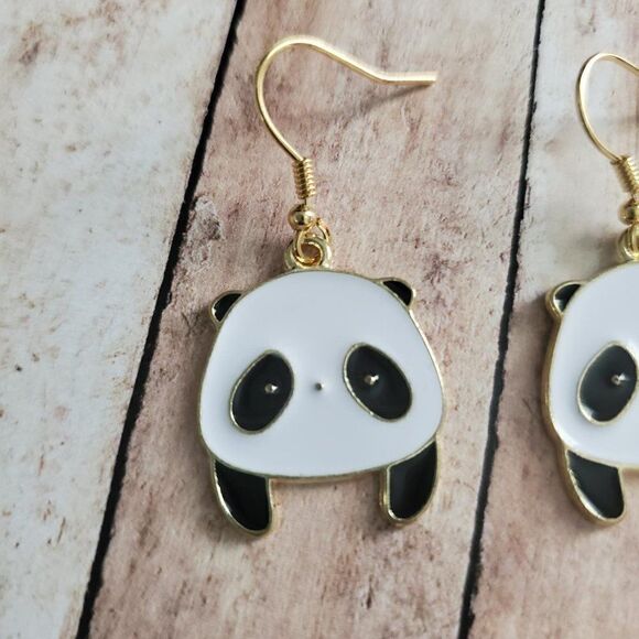 Gold Panda Face Earrings, Wildlife Jewelry - Picture 2 of 7